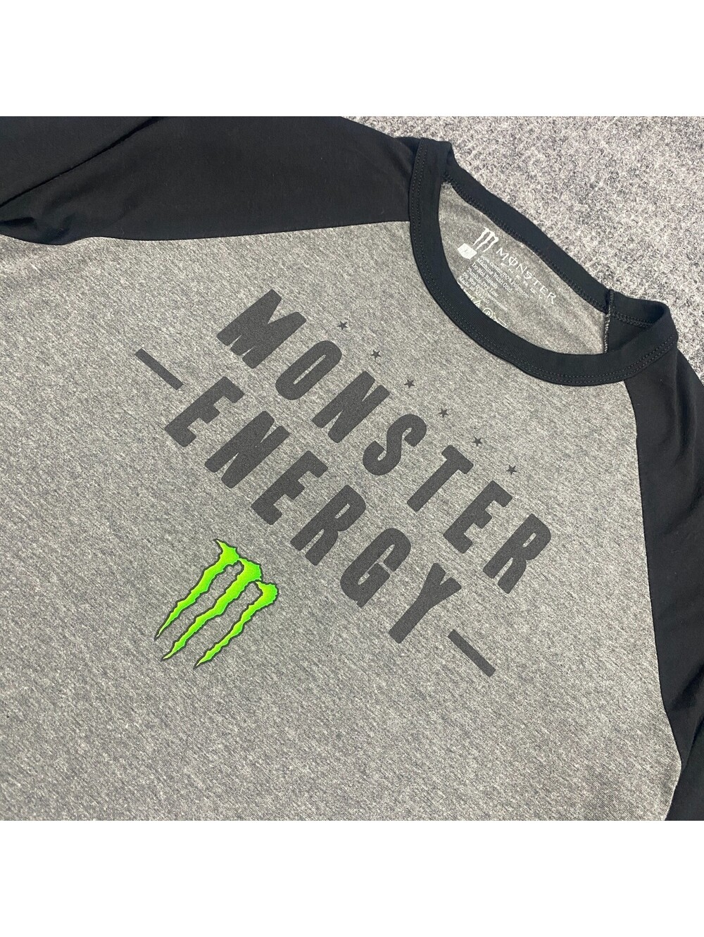 Monster Energy Shirt Mens Size L Gray Black Raglan Logo 3/4 Sleeve‎ Crewneck Tee